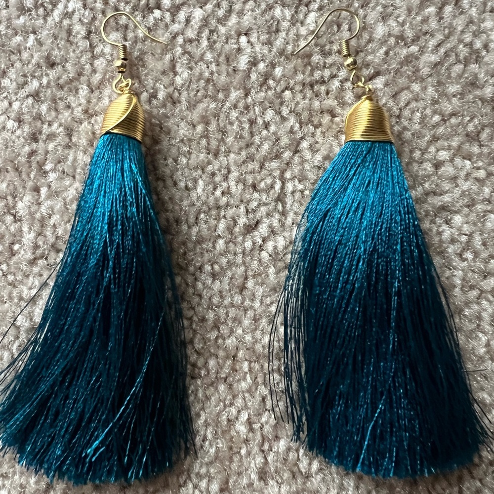 Teal tassel gold plated earringss